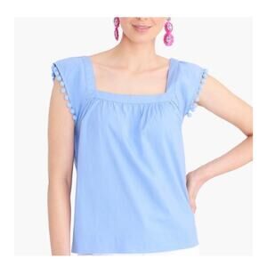 J. Crew Women's Square Neck Blouse‎ Top Poplin with Pom Poms Preppy Blue Size 00